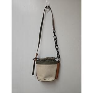 Charles & Keith Canvas Bucket Bag Crossbody Drawstring Green Tan Chunky Strap